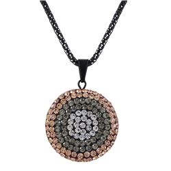 Black Clay Flat 25Mm Circle Pendant Covered With Peach, Grey, And White Crystals On Black Steel Chai