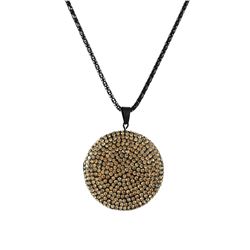 Black Clay Flat 35Mm Circle Pendant Covered With Champagne Crystals On Black Steel Chain 16