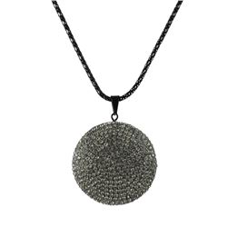 Grey Clay Flat 35Mm Circle Pendant Covered With Grey Crystals On Black Steel Chain 16