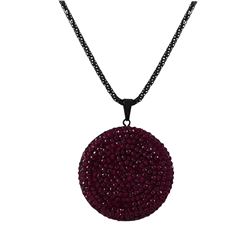 Black Clay Flat 35Mm Circle Pendant Covered With Garnet Crystals On Black Steel Chain 16