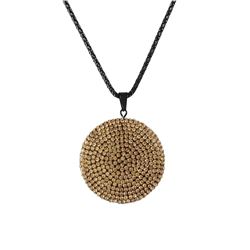 Black Clay Flat 35Mm Circle Pendant Covered With Peach Crystals On Black Steel Chain 16