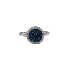 Rhodium Plated Sterling Silver, 11Mm Round Circe, 8Mm Blue Druzy Natural Stone With CZ Border, Ring 