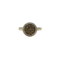 Gold Plated Sterling Silver, 11Mm Round Circe, 8Mm Champagne Druzy Natural Stone With CZ Border, Rin