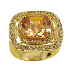 Champagne Square Crystal Surrounded With A Double Row Of White Czs, Gold Tone Brass Ring Size 7