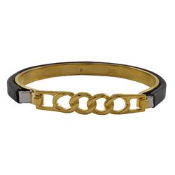 Genuine Black Leather On Gold Plated Stainless Steel Bangle, 57Mm