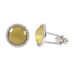 Citrine Semi Precious Faceted Stone With CZ Border, Rhodium Plated Sterling Silver, 15Mm Round Cuffl