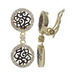 Gold And Black Over Sterling Silver, Double Filigree Circles CZ Clip Earrings, 1.18