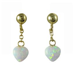 White 6X6mm Opal Heart On Gold Tone Sterling Silver Post Earrings, 18Mm Long