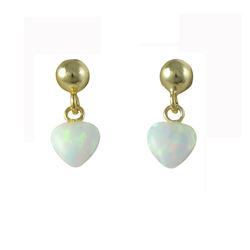 White 6X6mm Opal Heart On Gold Tone Sterling Silver Post Earrings, 14Mm Long