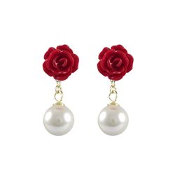 Red 6.5Mm Rose Flower With 5.5Mm White Pearl Dangling, Gold Plated Sterling Silver Post Earrings Dim