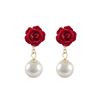 Image 1 : Red 6.5Mm Rose Flower With 5.5Mm White Pearl Dangling, Gold Plated Sterling Silver Post Earrings Dim
