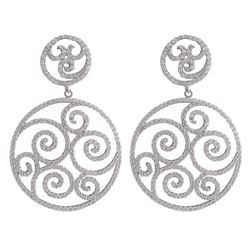 Rhodium Plated Sterling Silver, 30Mm Round Filigree CZ Circle Dangling, Post Earrings, 1.85&Quot;