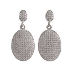 Rhodium Plated Sterling Silver, 14X19mm Oval Dangling Micro Pave CZ  Post Earrings, 1.2&Quot;