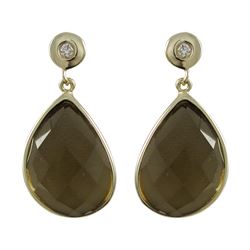 Smoky Quartz Semi Precious Faceted Stone On Gold Plated Sterling Silver Post Earrings, 1.10&Quot;