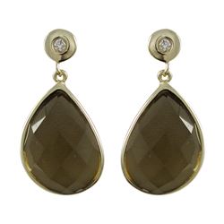 Smoky Quartz Semi Precious Faceted Stone On Gold Plated Sterling Silver Post Earrings, 1.10&Quot;