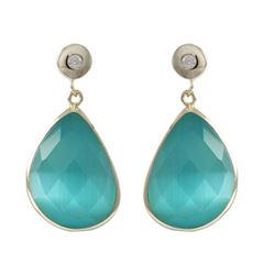 Aqua Cat's Eye Semi Precious Faceted Stone On Gold Plated Sterling Silver Post Earrings, 1.10&Quot;