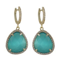 Aqua Cat's Eye Semi Precious Stone, With CZ Border, On Gold Plated Sterling Silver  Lever Back Earri