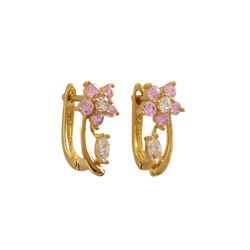 Gold Plated Sterling Silver Flower Huggie Earrings With Pink And White AAA CZ, 0.51