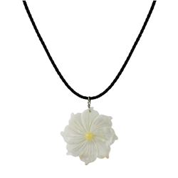 Shell Pearl Flower On Black Cord Necklace Long