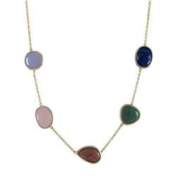 Gold Plated Sterling Silver, Five Flat Faceted Multi Color Semi Precious Stones Necklace, 18