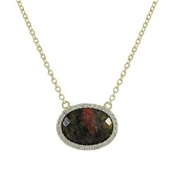 Unakite (Olive) 10X13mm Semi Precious Oval Stone, Set In Gold Tone Sterling Silver With CZ, Necklace