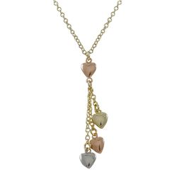 Tri Color Brass Flat Hearts Lariat Style Necklace, 15" 2"