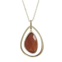 Carnelian Cat's Eye Semi Precious Stone In Gold Plated  Sterling Silver Open Teardop CZ Pendant, 1.8