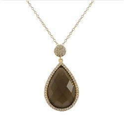 Smoky Quartz Semi Precious 13X20 Faceted Teardrop Stone, Gold Plated Sterling Silver CZ Pendant, 1.2