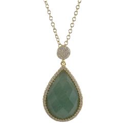 Green Jade Semi Precious 13X20 Faceted Teardrop Stone, Gold Plated Sterling Silver CZ Pendant, 1.26&