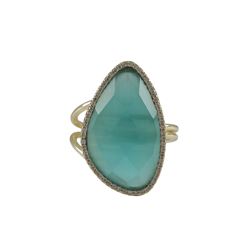 Aqua Cat's Eye Semi Precious Faceted Stone With CZ Border, On Gold Plated Sterling Silver Adjustable