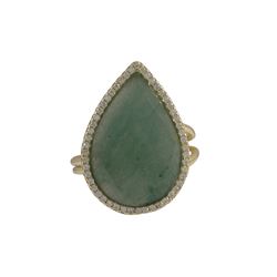 Green Jade Semi Precious 13X20 Faceted Teardrop Stone, Gold Plated Sterling Silver CZ Adjustable Rin