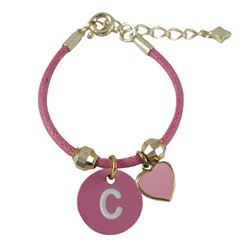 Pink Cord Heart Initial Bracelet-Brass