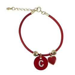 Red Cord Heart Initial Bracelet-Brass