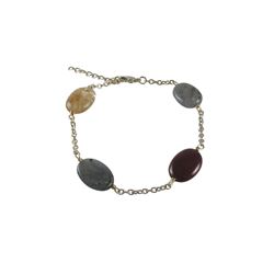 Labradorite(Grey) And Poppy Jasper Combination Semi Precious Stones On Gold Tone Brass Bracelet -7