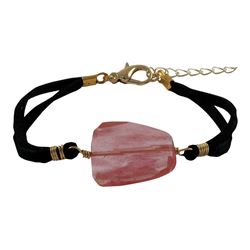 Cherry Quartz Semi Precious Stone On Black Suede Chain Bracelet, 7" 1"