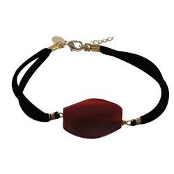 Carnelian Semi Precious Stone On Black Suede Chain Bracelet, 7" 1"