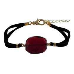 Garnet Semi Precious Stone On Black Suede Chain Bracelet, 7" 1"