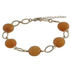 Honey Semi Precious 10Mm Round Flat Stones On Gold Plated Brass Link Chain, Bracelet, 7" 1"