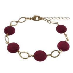 Garnet Semi Precious 10Mm Round Flat Stones On Gold Plated Brass Link Chain, Bracelet, 7&Quot; 1&Quo