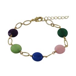 Dark Multi Color Combination Semi Precious 10Mm Round Flat Stones On Gold Plated Brass Link Chain, B