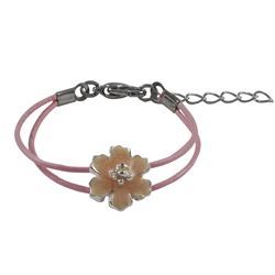 Pink Enamel Flower On Two Row Pink Cord, Rhodium Plated Brass Bracelet, 4