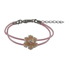 Pink Enamel 12Mm Flower On Two Row Pink Cord, Rhodium Plated Brass Bracelet, 5