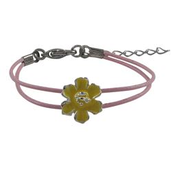 Yellow Enamel Flower On Two Row Pink Cord, Rhodium Plated Bracelet, 5" 1"