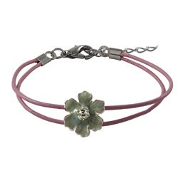 Green Enamel 12Mm Flower On Two Row Pink Cord, Rhodium Plated Brass Bracelet, 6