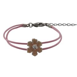 Pink Enamel 12Mm Flower On Two Row Pink Cord, Rhodium Plated Brass Bracelet, 6