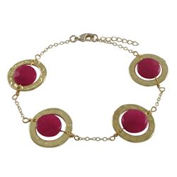 Fuschia 10Mm Round Semi Precious Stones In 18Mm Open Rings, Gold Plated Brass Bracelet, 7" 1"