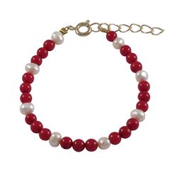 Red 4Mm Balls And White 4Mm Fresh Water Pearls Bracelet, 5" 1"