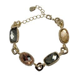 Champagne And Grey Glass Set In Gold Plated Brass Bracelet, 6.5