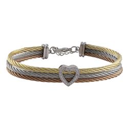 Tri Color Stainless Steel Bangle With CZ Heart In Center