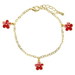 3 Red Enamel Flowers Dangling On A Gold Tone Brass Bracelet 5"